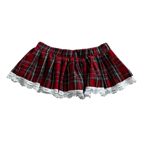 Red Tartan Plaid Micro Mini Skirt White Lace Low Rise School Girl Gothic Size M - Picture 7 of 7